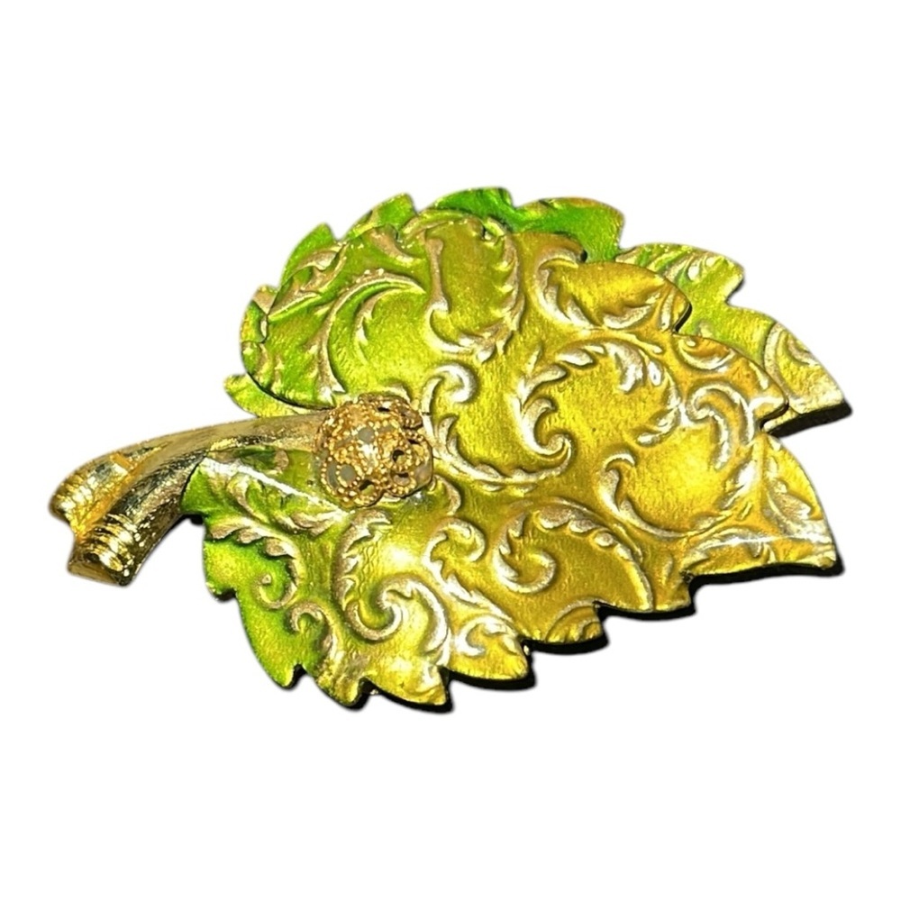 Vintage West Germany Green Enamel Leaf Brooch Dress Clip